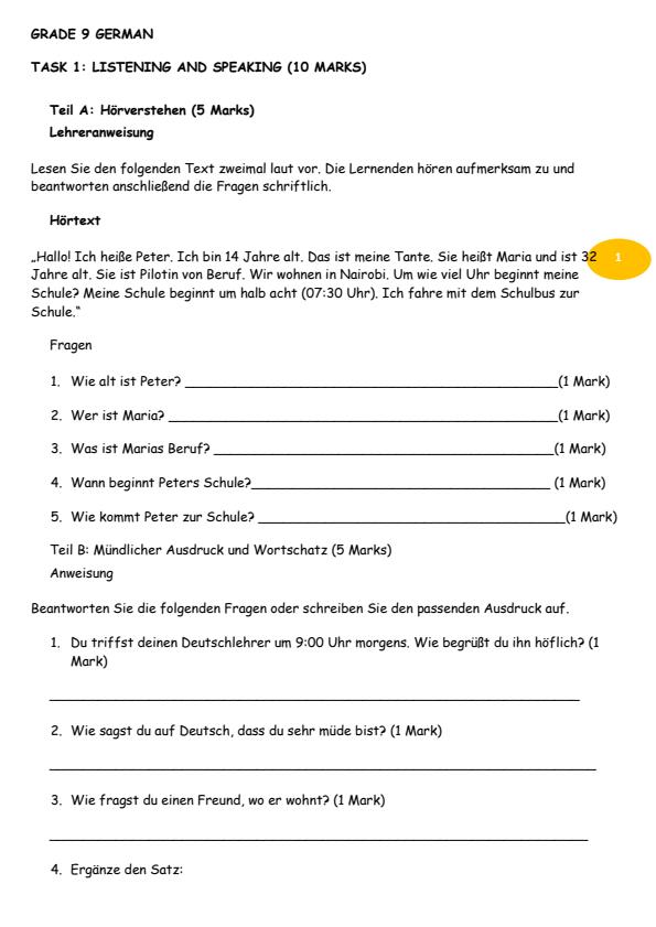 Page 1 – Grade 9 German August 2026 Holiday Assignment – Kenyaplex