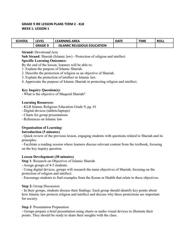 Page 1 – Grade 9 IRE Lesson Plans Term 2 - KLB – Kenyaplex