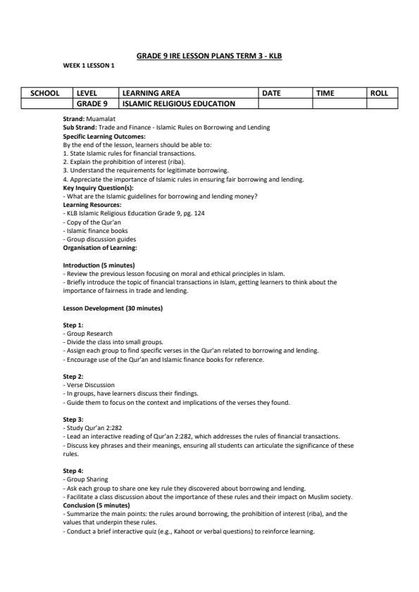 Page 1 – Grade 9 IRE Lesson Plans Term 3 - KLB – Kenyaplex