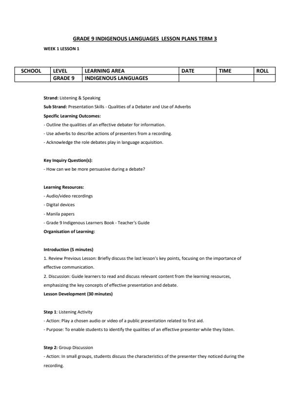 Page 1 – Grade 9 Indigenous Languages Lesson Plans Term 3  – Kenyaplex