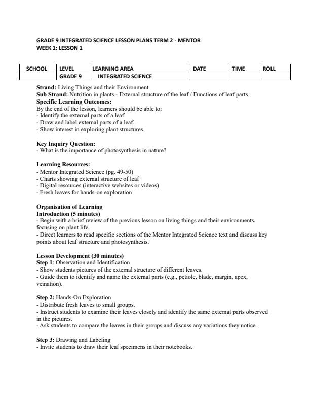Page 1 – Grade 9 Integrated Science Lesson Plans Term 2 - Mentor – Kenyaplex