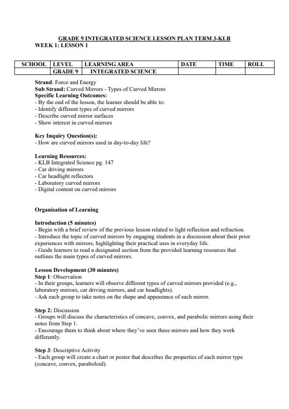 Page 1 – Grade 9 Integrated Science Lesson Plans Term 3 - KLB – Kenyaplex