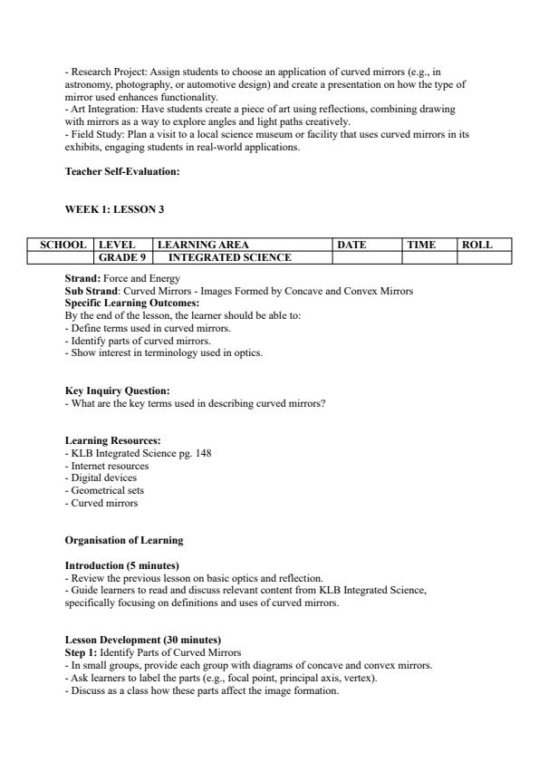 Page 4 – Grade 9 Integrated Science Lesson Plans Term 3 - KLB – Kenyaplex