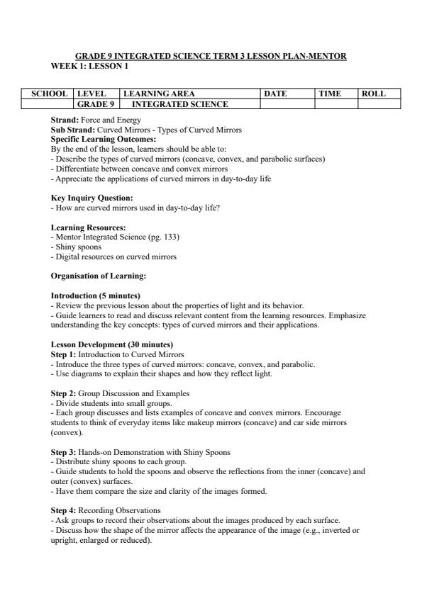 Page 1 – Grade 9 Integrated Science Lesson Plans Term 3 - Mentor – Kenyaplex