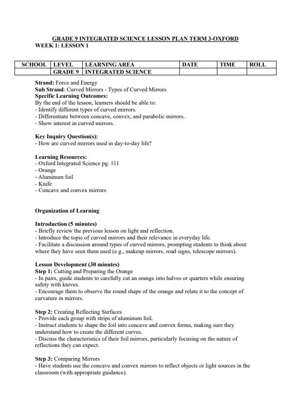 Page 1 – Grade 9 Integrated Science Lesson Plans Term 3 - Oxford – Kenyaplex