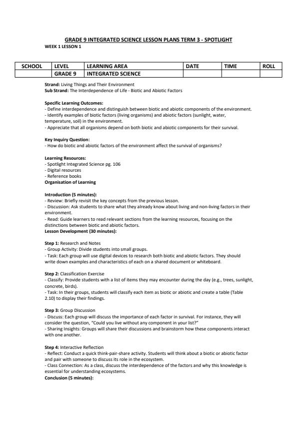 Page 1 – Grade 9 Integrated Science Lesson Plans Term 3 - Spotlight – Kenyaplex