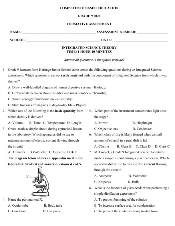 Page 1 – Grade 9 Integrated Science Paper 1 April 2026 Holiday Assignment – Kenyaplex