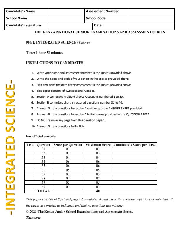 Page 1 – Grade 9 Integrated Science Paper 1 August 2025 Holiday Assignment – Kenyaplex