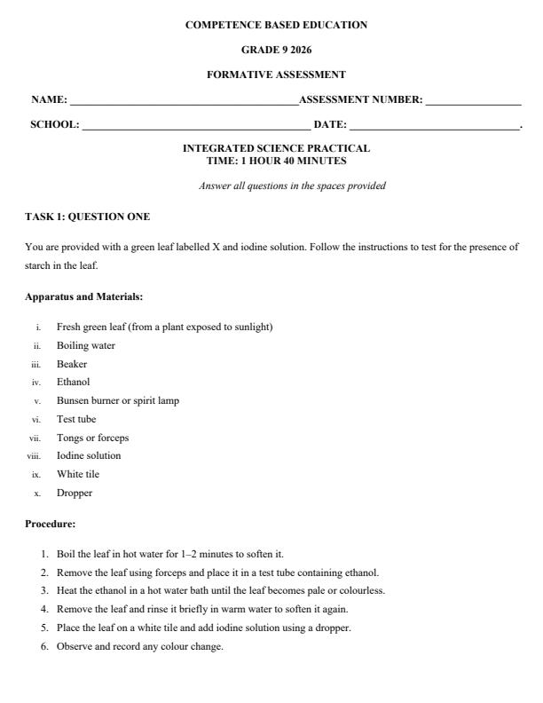 Page 1 – Grade 9 Integrated Science Paper 2 April 2026 Holiday Assignment – Kenyaplex