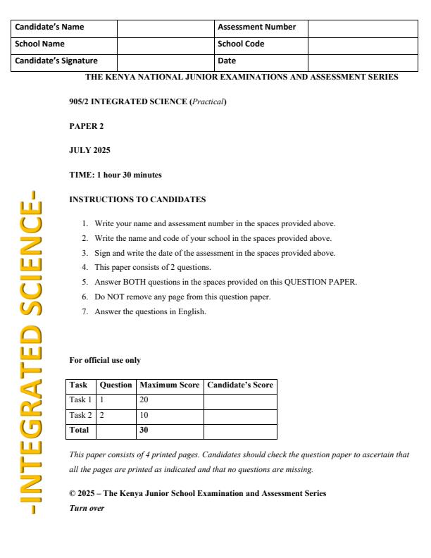 Page 1 – Grade 9 Integrated Science Paper 2 August 2025 Holiday Assignment – Kenyaplex