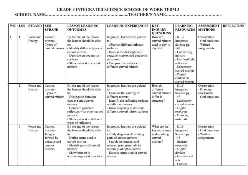 Page 1 – Grade 9 Integrated Science Schemes of Work Term 3 - KLB – Kenyaplex
