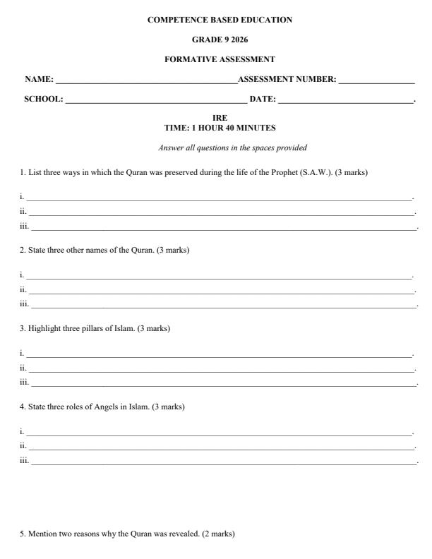 Page 1 – Grade 9 Islamic Religious Education April 2026 Holiday Assignment – Kenyaplex