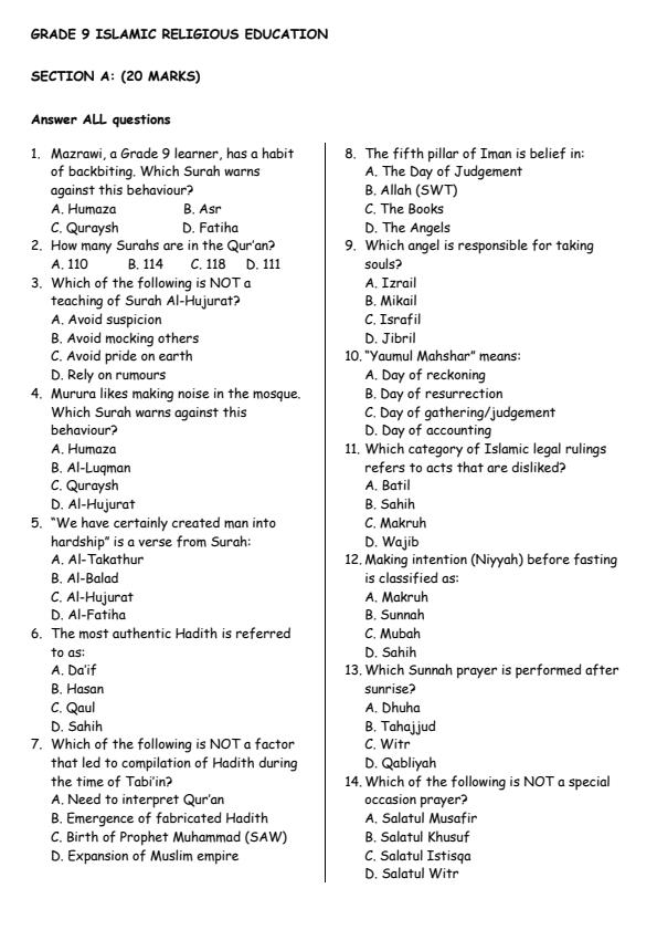 Page 1 – Grade 9 Islamic Religious Education August 2026 Holiday Assignment – Kenyaplex