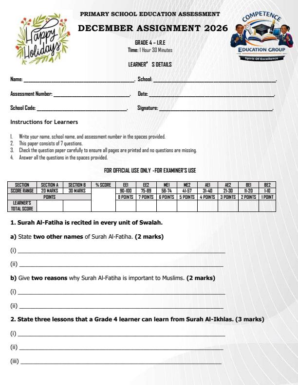 Page 1 – Grade 9 Islamic Religious Education December 2026 Holiday Assignment – Kenyaplex
