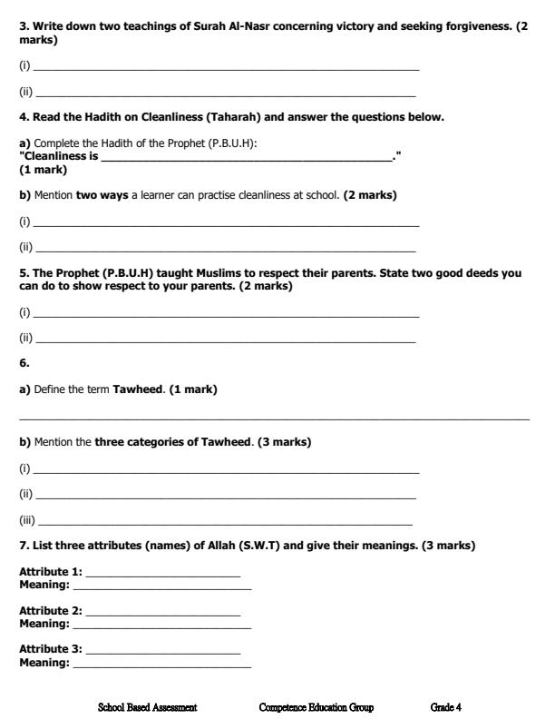 Page 2 – Grade 9 Islamic Religious Education December 2026 Holiday Assignment – Kenyaplex