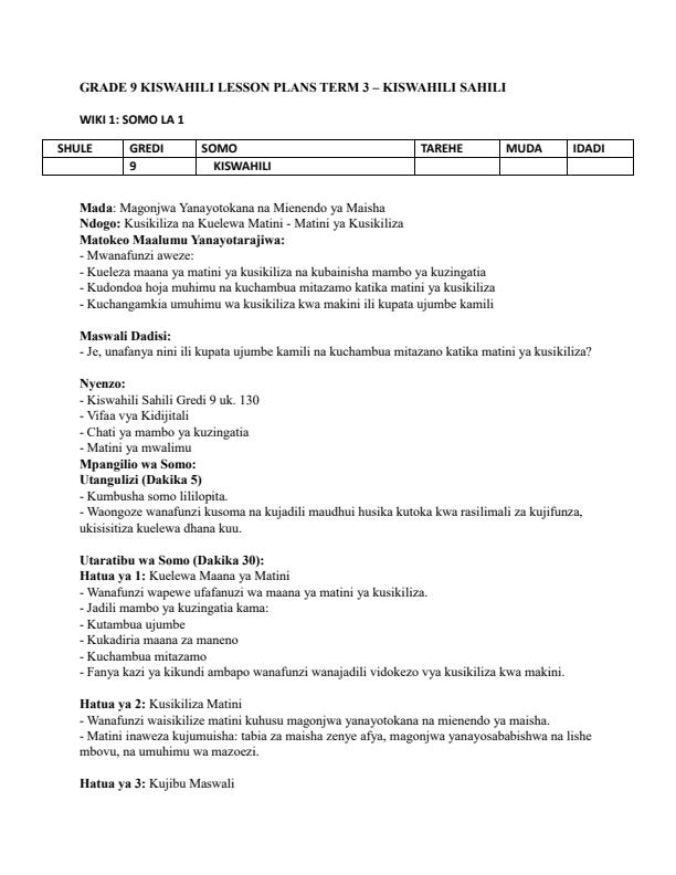 Page 1 – Grade 9 Kiswahili Lesson Plans Term  - Kiswahili Sahili – Kenyaplex