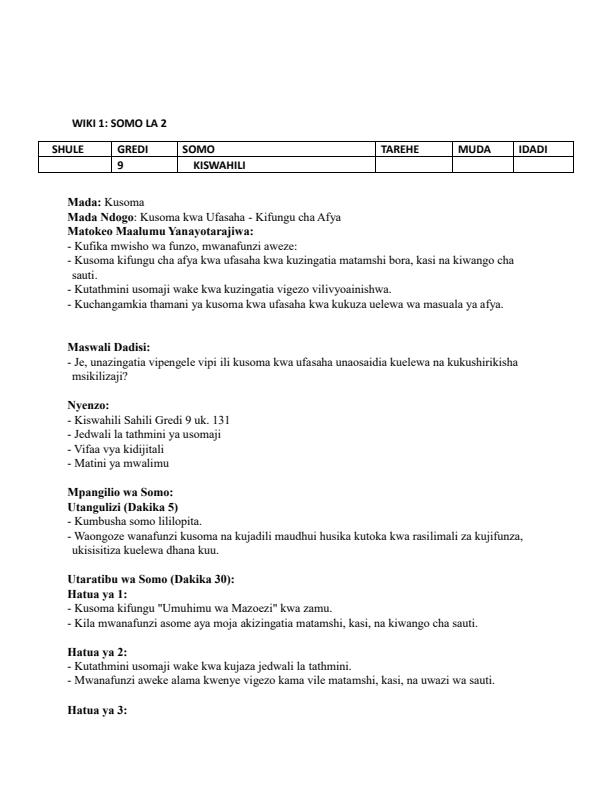Page 3 – Grade 9 Kiswahili Lesson Plans Term  - Kiswahili Sahili – Kenyaplex