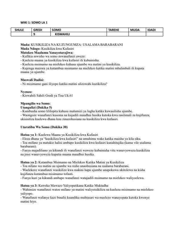 Page 1 – Grade 9 Kiswahili Lesson Plans Term 2 - Kiswahili Sahili – Kenyaplex