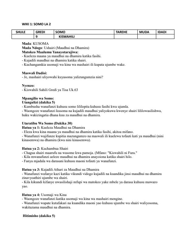 Page 3 – Grade 9 Kiswahili Lesson Plans Term 2 - Kiswahili Sahili – Kenyaplex