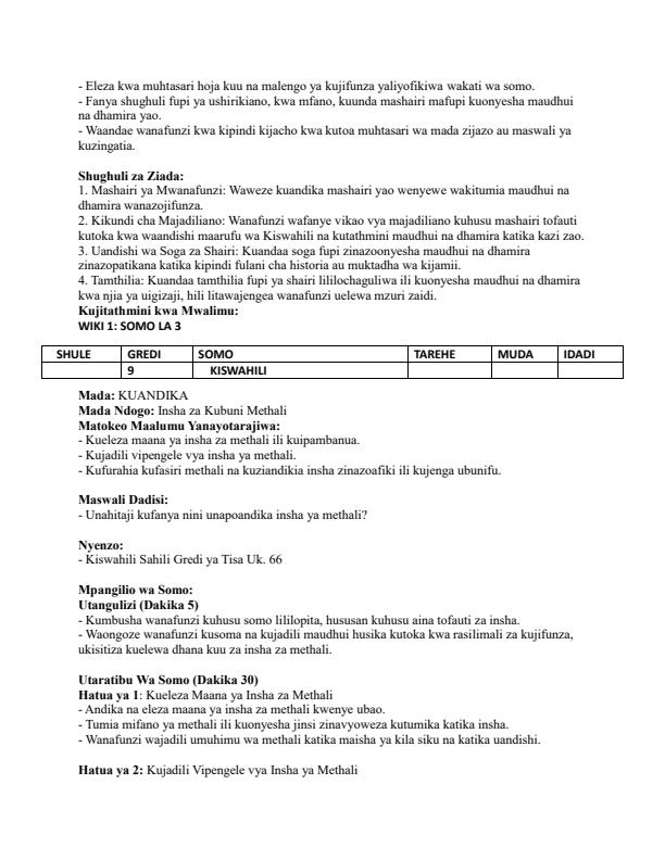 Page 4 – Grade 9 Kiswahili Lesson Plans Term 2 - Kiswahili Sahili – Kenyaplex