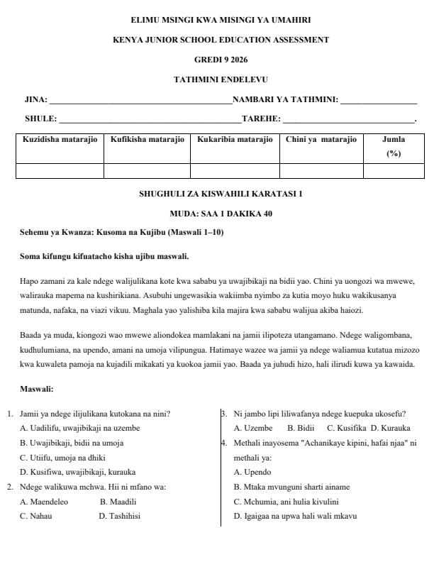 Page 1 – Grade 9 Kiswahili Paper 1 April 2026 Holiday Assignment – Kenyaplex