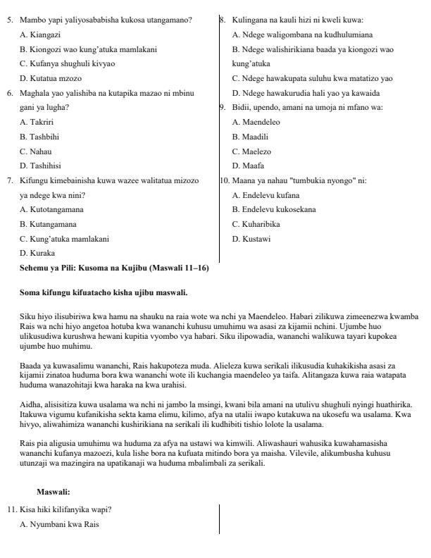 Page 2 – Grade 9 Kiswahili Paper 1 April 2026 Holiday Assignment – Kenyaplex