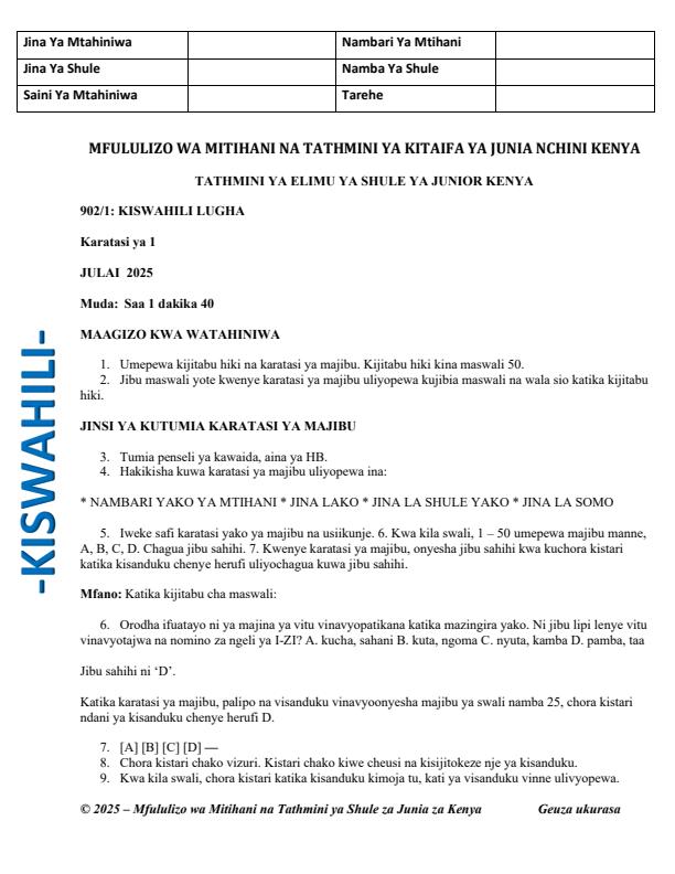 Page 1 – Grade 9 Kiswahili Paper 1 August 2025 Holiday Assignment – Kenyaplex