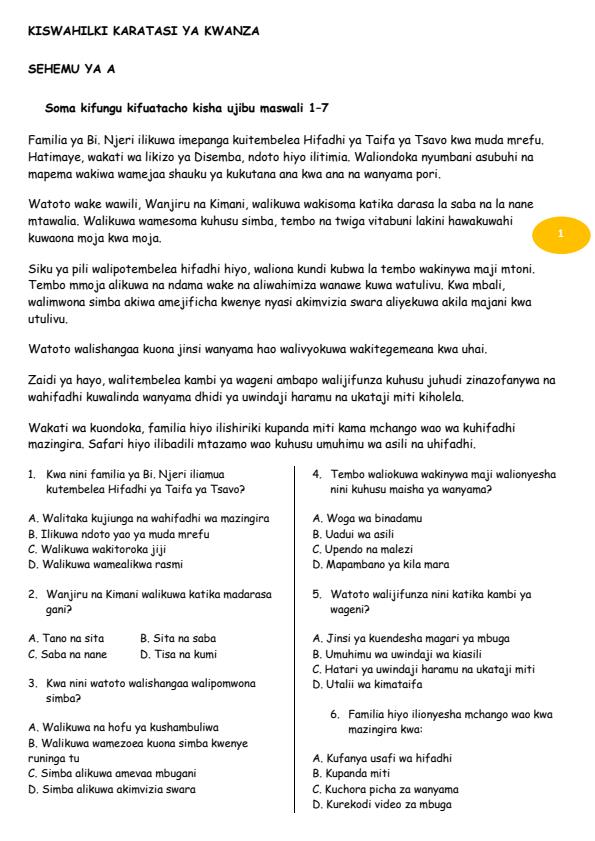 Page 1 – Grade 9 Kiswahili Paper 1 August 2026 Holiday Assignment – Kenyaplex