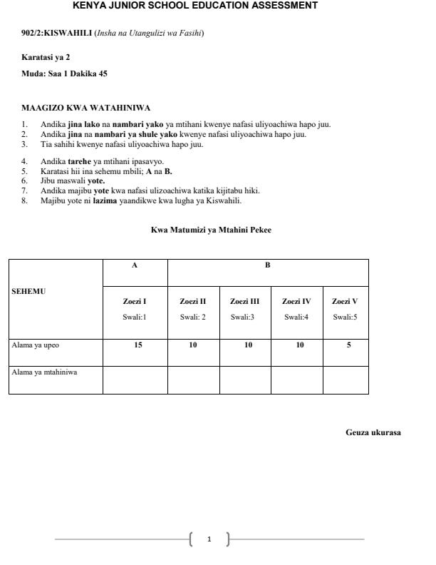 Page 1 – Grade 9 Kiswahili Paper 2 April 2025 Holiday Assignment – Kenyaplex