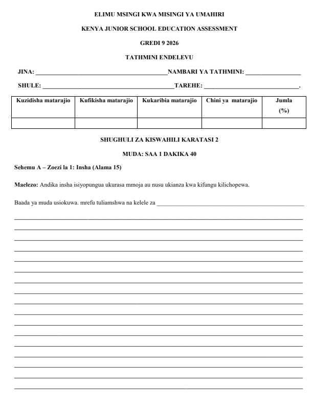 Page 1 – Grade 9 Kiswahili Paper 2 April 2026 Holiday Assignment – Kenyaplex