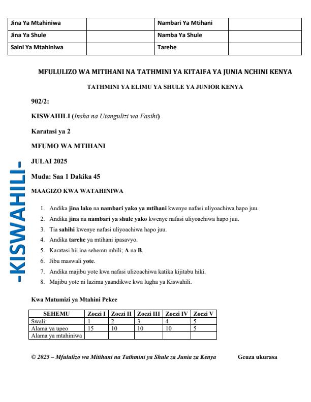 Page 1 – Grade 9 Kiswahili Paper 2 August 2025 Holiday Assignment – Kenyaplex