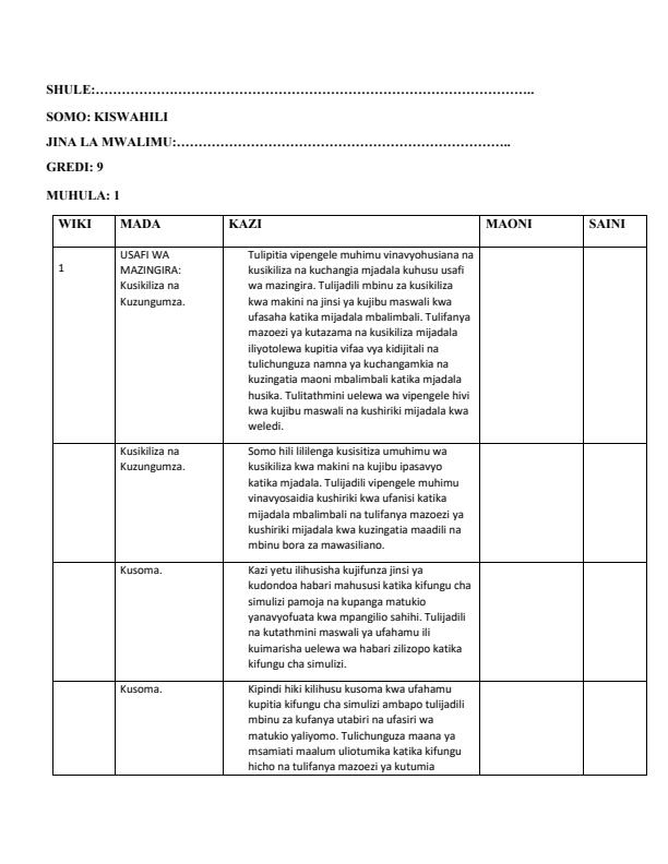 Page 1 – Grade 9 Kiswahili Records of Work Term 1 – Kenyaplex