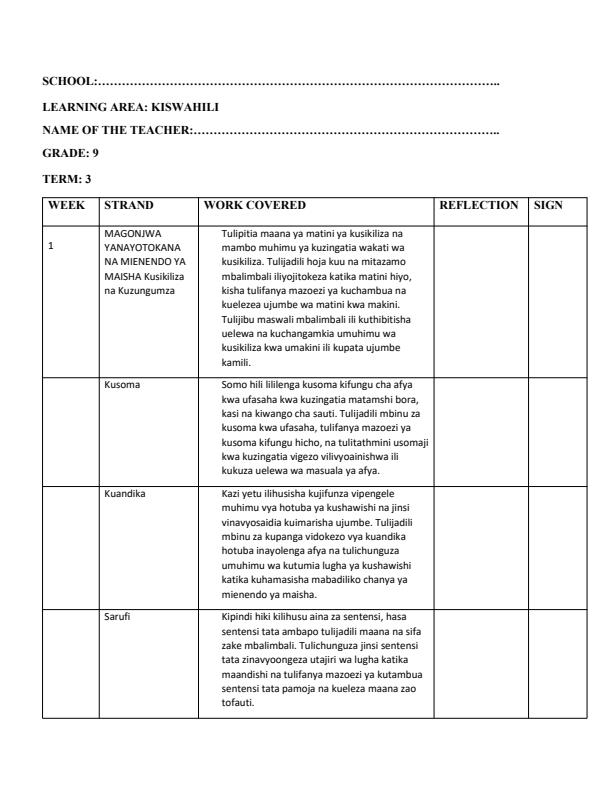 Page 1 – Grade 9 Kiswahili Records of Work Term 3 - Kiswahili Sahili – Kenyaplex