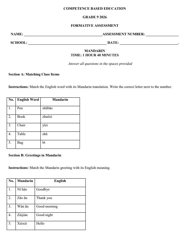 Page 1 – Grade 9 Mandarin April 2026 Holiday Assignment – Kenyaplex