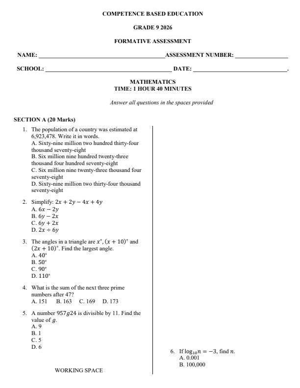 Page 1 – Grade 9 Mathematics April 2026 Holiday Assignment – Kenyaplex