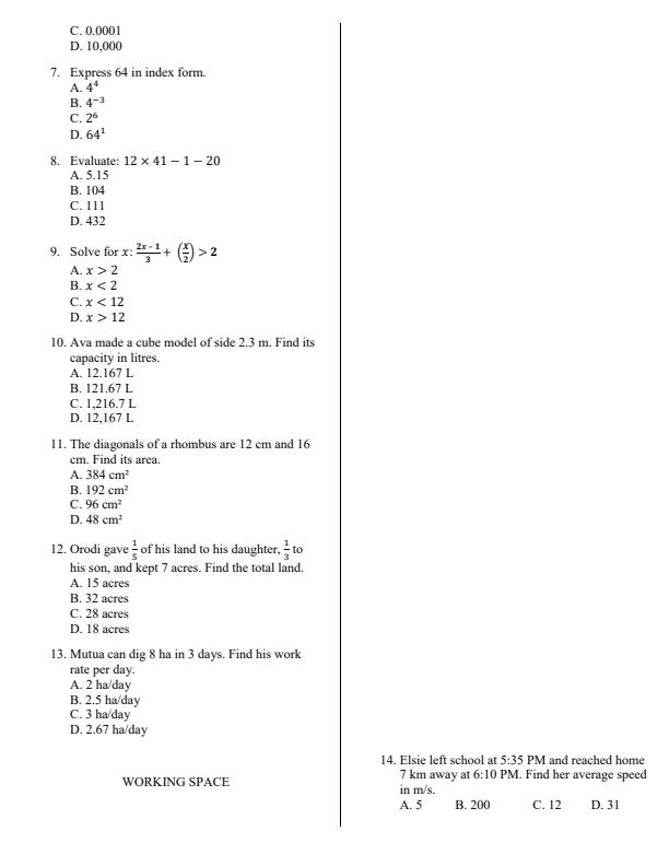 Page 2 – Grade 9 Mathematics April 2026 Holiday Assignment – Kenyaplex