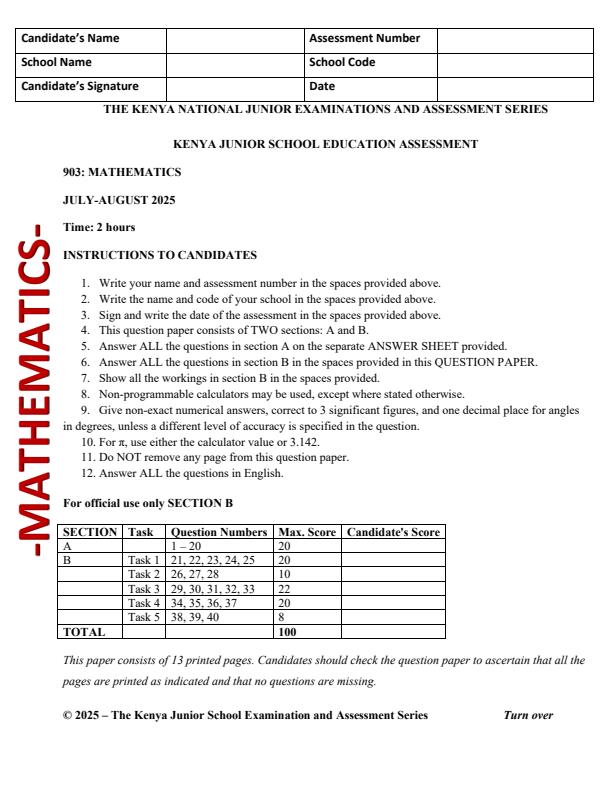 Page 1 – Grade 9 Mathematics August 2025 Holiday Assignment – Kenyaplex