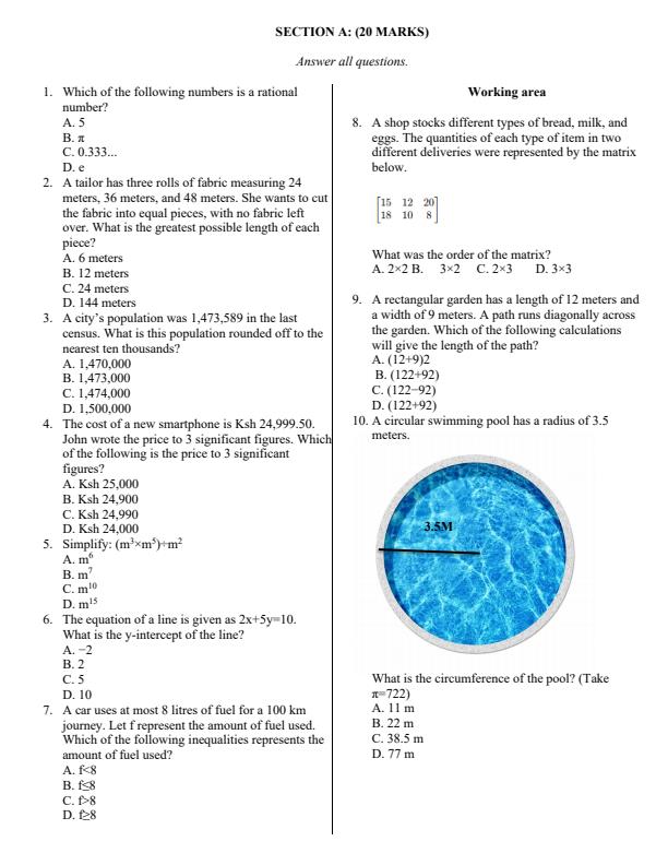 Page 2 – Grade 9 Mathematics August 2025 Holiday Assignment – Kenyaplex