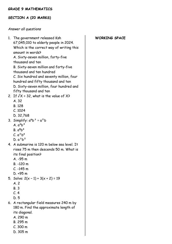 Page 1 – Grade 9 Mathematics August 2026 Holiday Assignment – Kenyaplex