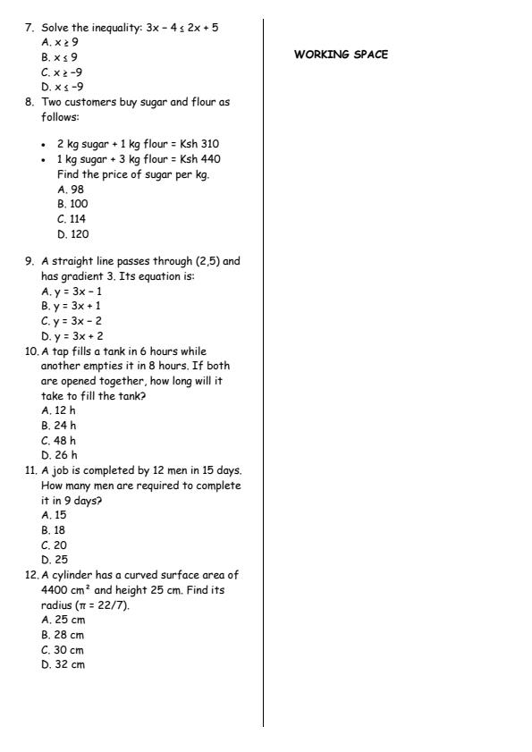 Page 2 – Grade 9 Mathematics August 2026 Holiday Assignment – Kenyaplex
