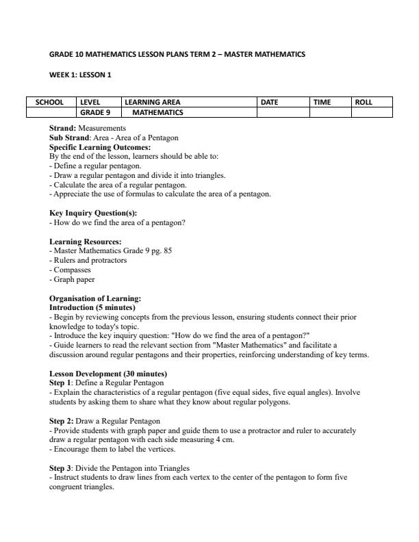 Page 1 – Grade 9 Mathematics Lesson Plans Term 2 - Master Mathematics – Kenyaplex