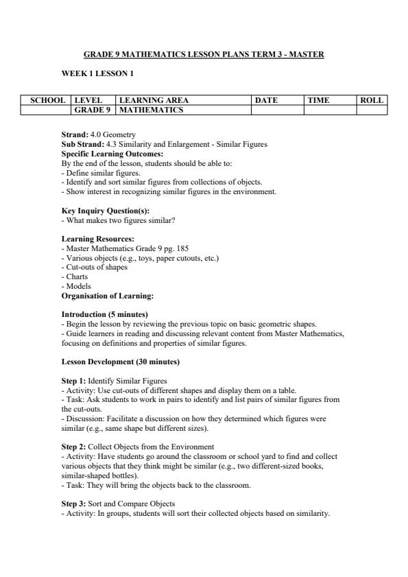 Page 1 – Grade 9 Mathematics Lesson Plans Term 3 - Master – Kenyaplex