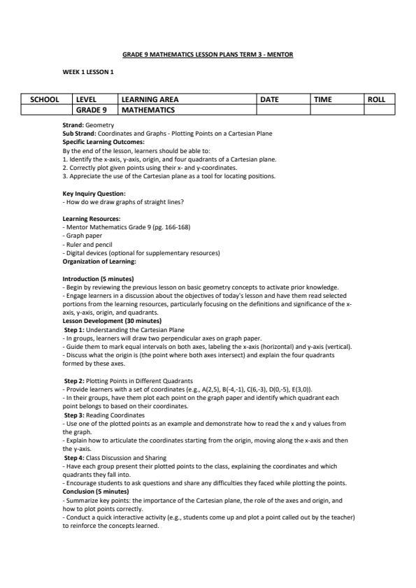 Page 1 – Grade 9 Mathematics Lesson Plans Term 3 - Mentor – Kenyaplex