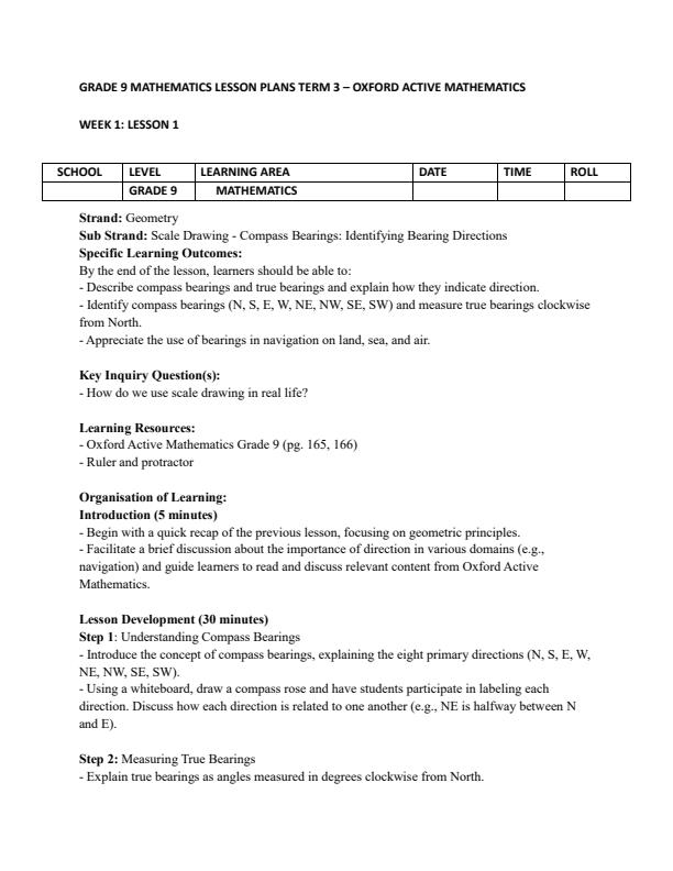 Page 1 – Grade 9 Mathematics Lesson Plans Term 3 - Oxford Active Mathematics – Kenyaplex