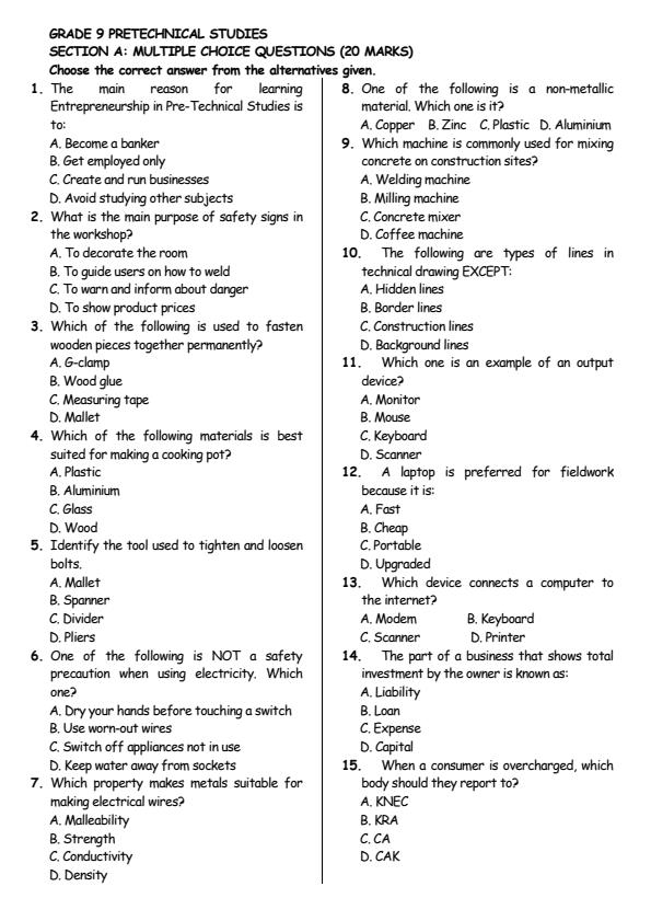 Page 1 – Grade 9 Pre - Technical Studies August 2026 Holiday Assignment – Kenyaplex