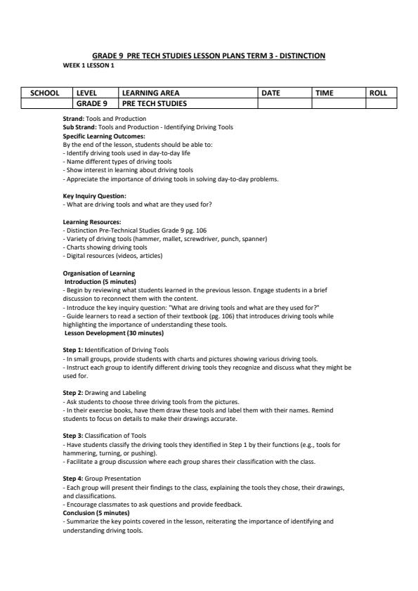 Page 1 – Grade 9 Pre Tech Studies Lesson Plans Term 3 - Distinction – Kenyaplex