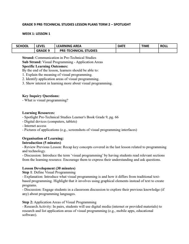 Page 1 – Grade 9 Pre-Technical Studies Leson Plans Term 2 - Spotlight – Kenyaplex