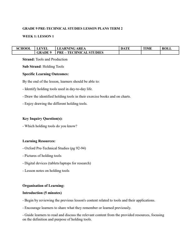 Page 1 – Grade 9 Pre-Technical Studies Lesson Plans Term 2 - Oxford – Kenyaplex