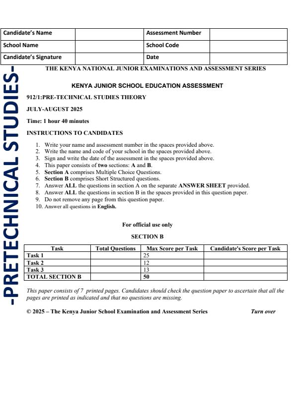 Page 1 – Grade 9 Pre Technical Studies Paper 1 August 2025 Holiday Assignment – Kenyaplex