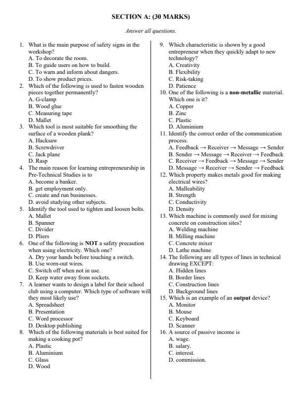 Page 2 – Grade 9 Pre Technical Studies Paper 1 August 2025 Holiday Assignment – Kenyaplex